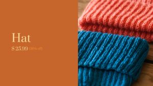 An orange background with a promotional text for a red hat priced at $25.99 beside a visible blue hat on a wooden surface, advertised using Biteable video maker.