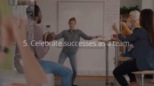A team engaging in a celebratory gesture in a meeting room with motivational text "5. celebrate successes as a team," captured in a Biteable video maker.
