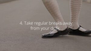 A person walking on a pavement with a Biteable video maker text overlay suggesting to take regular breaks away from the desk.
