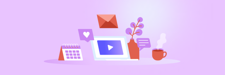 Digital workspace concept with icons for email, calendar, video play button, and a cup of coffee on a purple background.