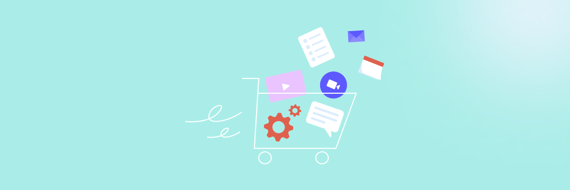 A shopping cart filled with various digital icons, representing online services and digital content.