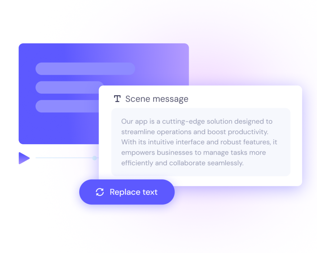 A digital interface displays a text editor with a sample message about an app’s features and a prominent “Replace text” button.