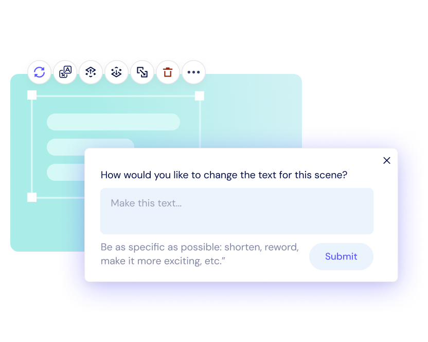 A dialog box asks how to change the text for a scene, prompting the user to enter edits, with an overlapping text editing interface and various icon buttons above.