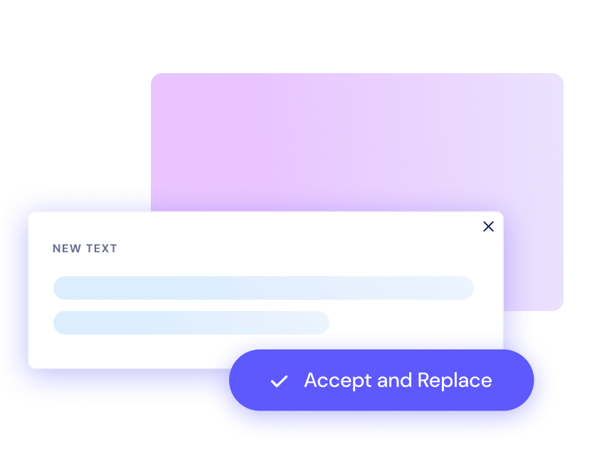 A pop-up window displays text input fields labeled "New Text" and a blue button labeled "Accept and Replace.