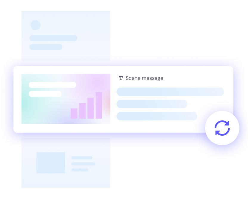 Abstract interface showing a central message box with text and chart elements, surrounded by faded panels and a circular refresh icon on the right.
