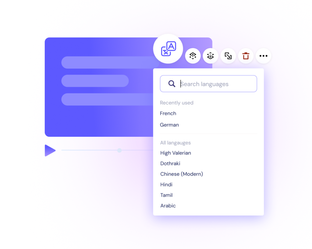 A digital interface displays a language selection menu with a search bar, showing options such as French, German, and several fictional and modern languages.
