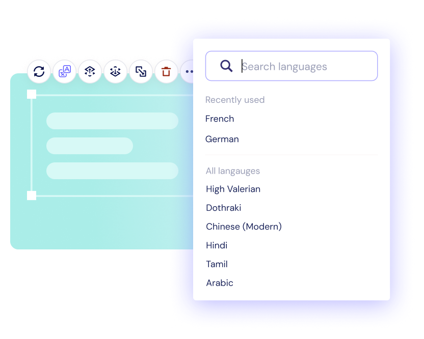A language selection menu is open, showing recently used and all languages, including options like French, German, High Valerian, Dothraki, and Chinese (Modern).