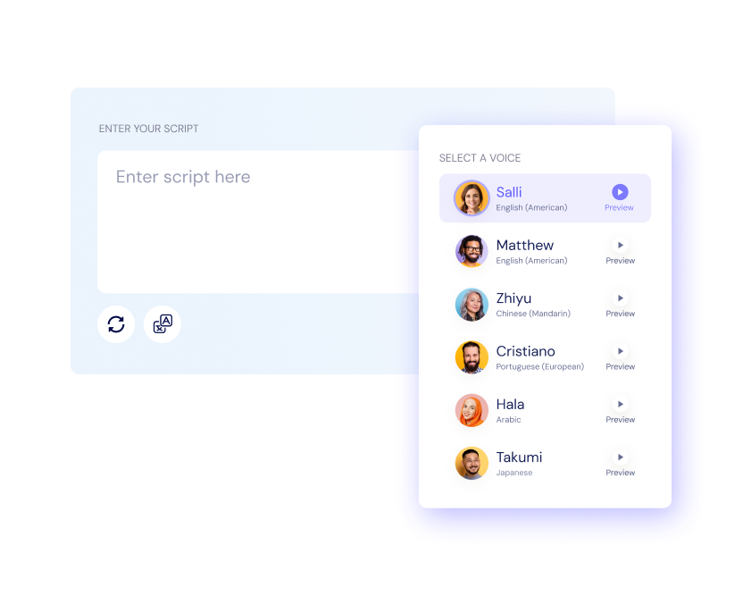 A digital interface showing a script input box on the left and a voice selection menu with six voice options on the right.