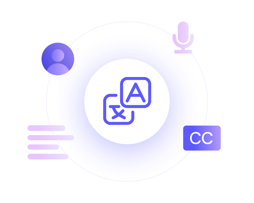 Illustration with translation, closed caption, microphone, and user icons around a central circle with language symbols, all in shades of purple.