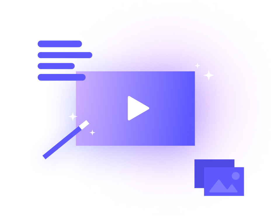 A purple play button icon sits inside a screen adorned with sparkles, set against a blue and purple gradient background. In the corner, small image icons hint at AI Video Generators' magical potential.