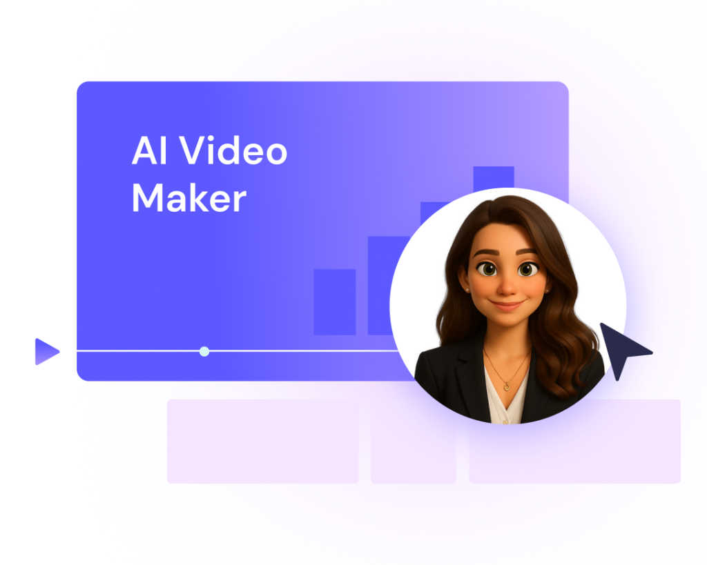 A digital graphic features the text "AI Video Maker," bar chart icons, and an illustrated woman in business attire in a circular frame, highlighting advanced tools like an ai ad generator for content creation.