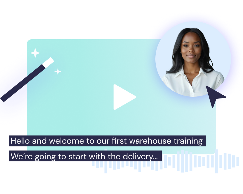 A woman appears in a circular frame over a video player screen with subtitles: "Hello and welcome to our first warehouse training. We’re going to start with the delivery process using our ai ad generator tools...