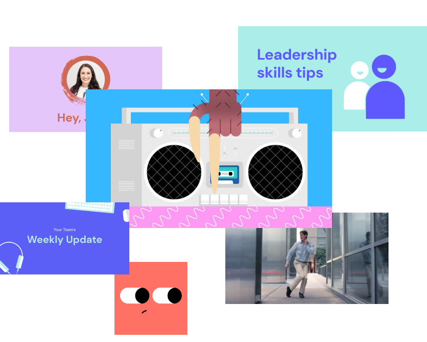 A collage of images featuring a woman waving, leadership tips graphic, cassette player with legs, weekly update card, ai ad generator logo, animated face, and man walking through glass doors.