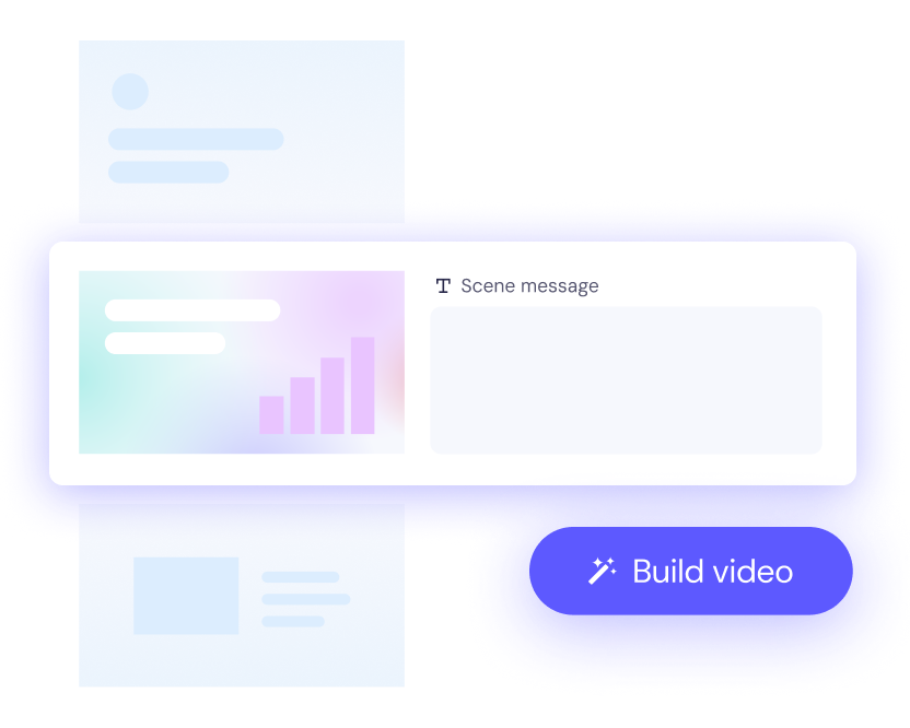 A digital interface mockup displaying message boxes, a bar chart graphic, a text field labeled "Scene message," and a "Build video" button for an AI ad generator.