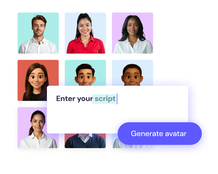 A selection of illustrated and real ai avatars is shown above a text box labeled "Enter your script," with a "Generate avatar" button to the right.