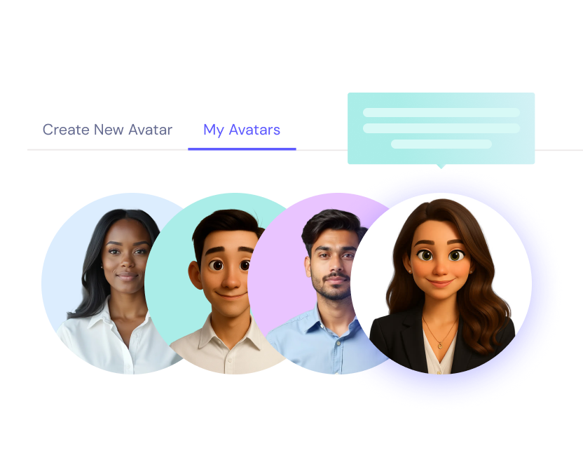 A selection of four ai avatars, two realistic and two cartoon-style, is shown under the "My Avatars" tab. One female cartoon avatar is highlighted.