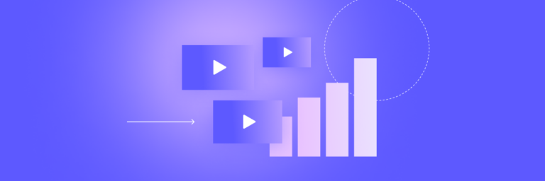 Diagram with an arrow pointing right towards a bar graph, passing through three floating play buttons. The background is a gradient of blue and purple.