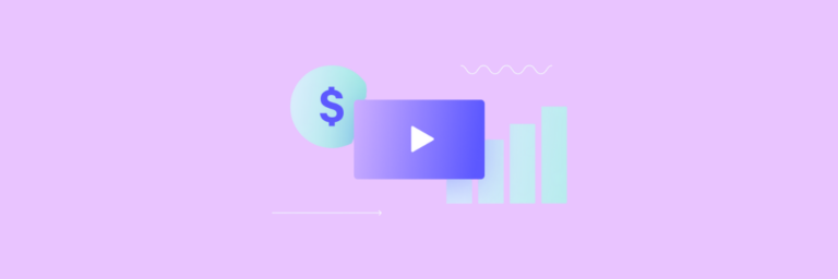 Illustration of a dollar sign, a play button, and a bar graph on a light purple background, representing financial video or video analytics.