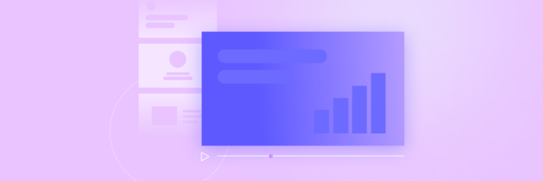 A purple dashboard interface with bar graphs and UI elements displayed on a gradient background.