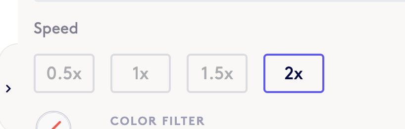 A selection interface for playback speed with options 0.5x, 1x, 1.5x, and 2x; the 2x option is highlighted.