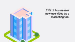 Illustration of a multi-story office building next to text stating "81% of businesses now use video as a marketing tool" on a light background.