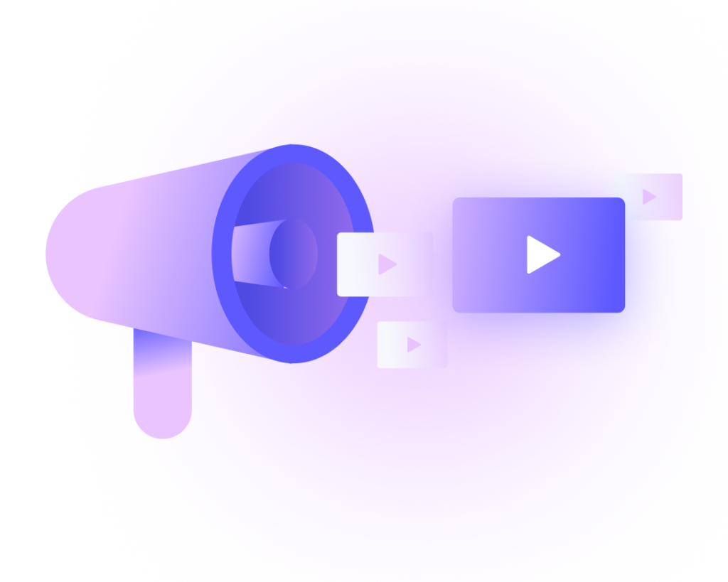 A stylized purple megaphone emits several play button icons, symbolizing media or video promotion, on a soft purple gradient background.