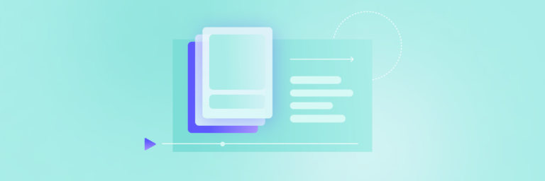 Abstract blue and purple digital graphic showing overlapping rectangles, lines, and circles on a light teal background.