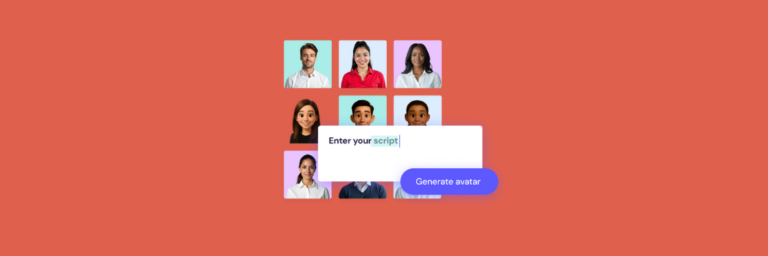 A grid of illustrated and real human avatars with a text box that says "Enter your script" and a blue "Generate avatar" button on an orange background.