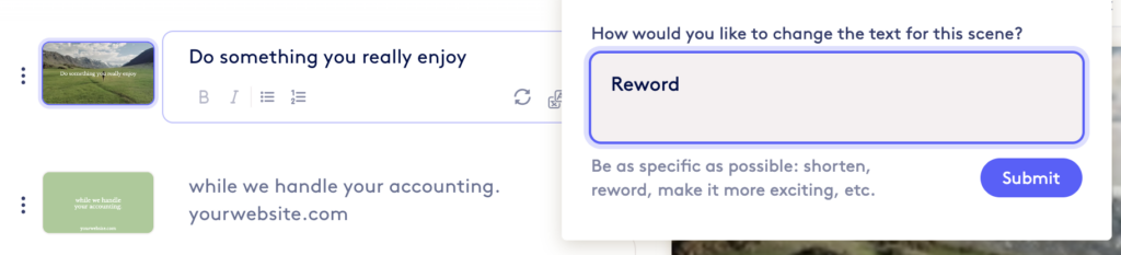 Image showing a text editing interface with options to change text. The text "Do something you really enjoy" is suggested for rewording.