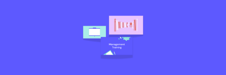 Three overlapping rectangles on a blue background, displaying the words "Management Training," "INLUCM," and an illustration of a presentation easel.