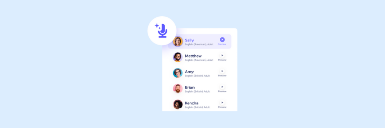 A user interface displays a list of five voice profiles with names, avatars, language details, and play buttons for previewing each voice.