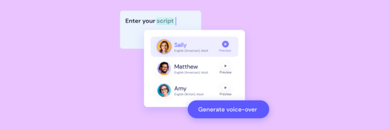 A user interface with options to enter a script, select voice profiles (Sally, Matthew, Amy), and a button labeled “Generate voice-over” on a light purple background.
