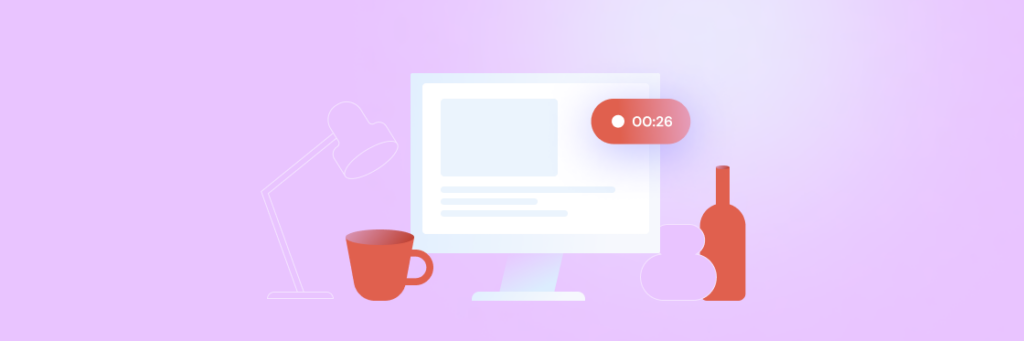 A minimalist workstation with a computer displaying a timer, accompanied by a coffee cup, a desk lamp, and decorative items against a purple background.