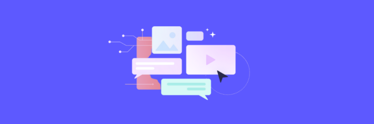 Illustration of digital elements including chat bubbles, a profile image, a video play icon, and a cursor on a blue background, representing online communication and multimedia.