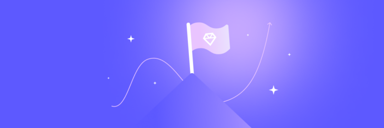 A minimalist graphic of a stylized mountain with a flag on the peak against a gradient blue background, accompanied by stars and a swooping line.