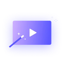 A purple play button icon featuring a magic wand and sparkles, symbolizing an online video maker with magical video editing effects.